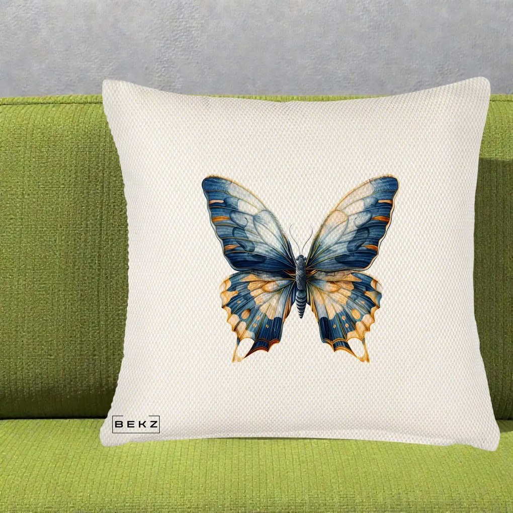Perna Decorativa Fluture Albastru Auriu Elegant, 40x40 cm, Crem Reliefat, Husa Detasabila, Perna Inclusa, BEKZ®