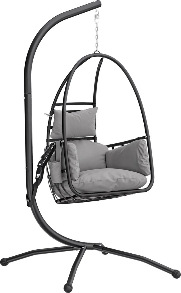 Outsunny Fotoliu Suspendat Tip Ou cu Suport Coș Pliabil Tetieră Pernă Buzunar Lateral Sarcină 120 kg Gri Închis | Aosom Romania