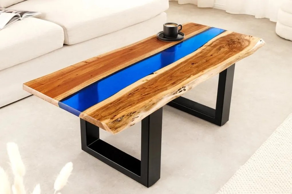 Masuta din lemn de salcam cu rasina epoxidica albastra LIQUID 110cm
