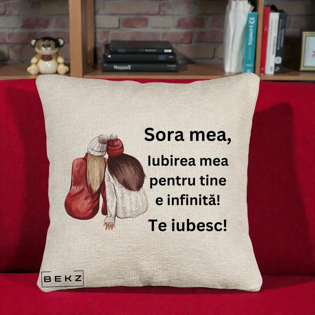 Cadou pentru Sora - Perna Personalizata Sora Mea Te Iubesc Doua Fete Iarna Acuarela, 40x40 cm, Bej Canapea, Husa Detasabila, Perna Inclusa, BEKZ®