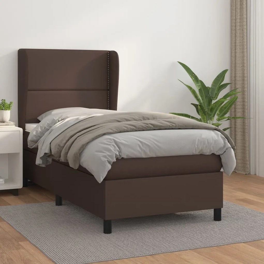 3128958 vidaXL Pat box spring cu saltea, maro, 100x200 cm, piele ecologică