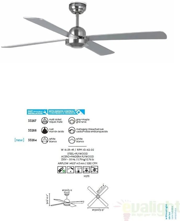 Ventilator modern cu telecomanda diam. 128 cm, JUST FAN Cromat 33394
