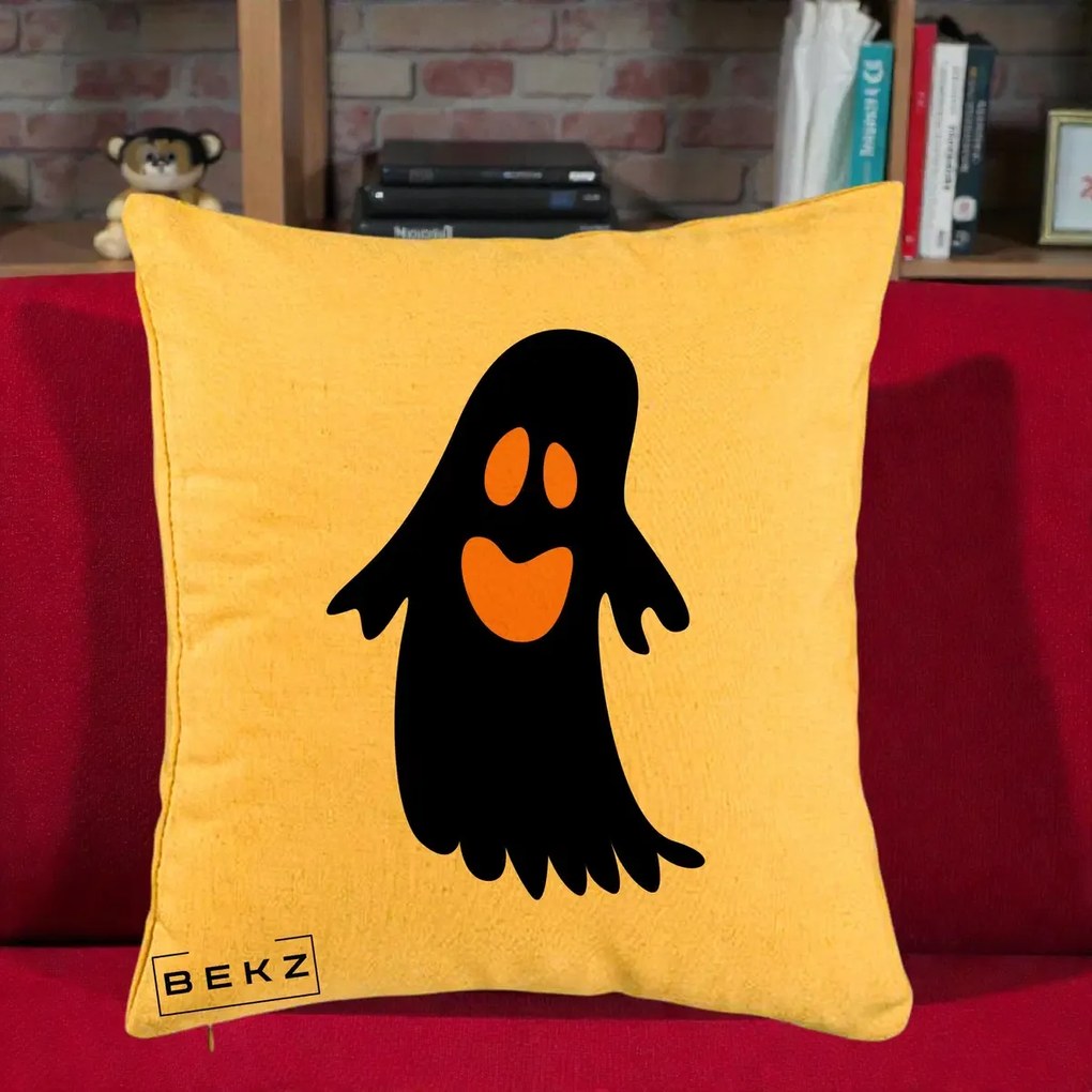 Perna Decorativa Halloween Fantoma Neagra cu Ochi Portocalii, 40x40 cm, Galben, Husa Detasabila, Perna Inclusa, BEKZ®