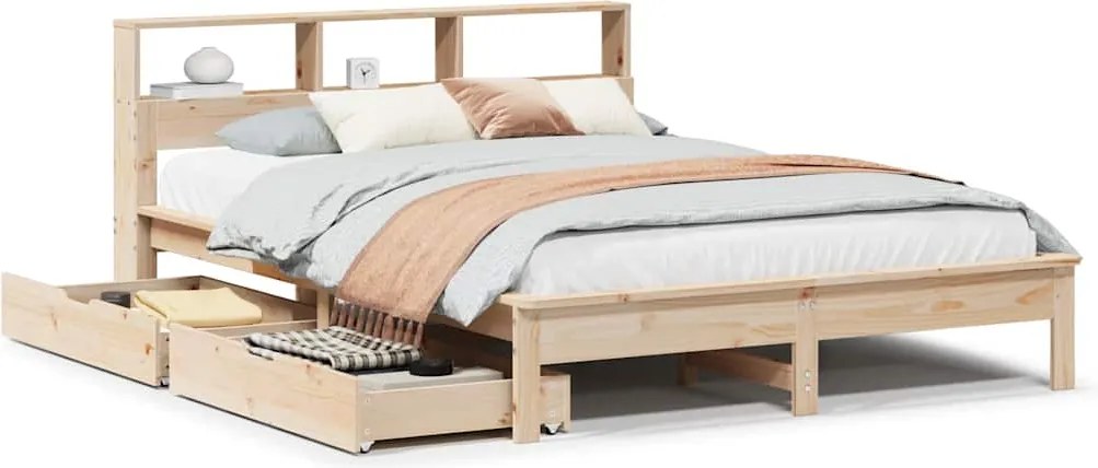 vidaXL Pat cu bibliotecă fără saltea, 135x190 cm, lemn masiv de pin