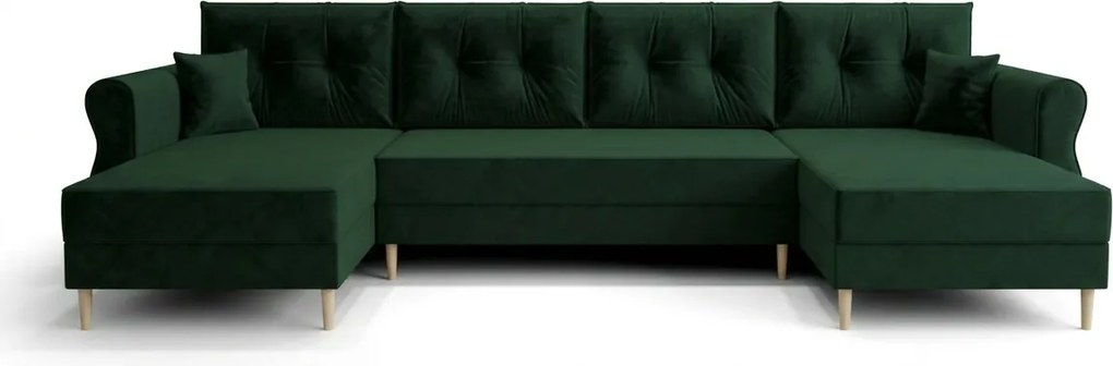 Canapea extensibila in forma de U SILVIANO 300x140 cm, verde inchis + 2 pernute CADOU