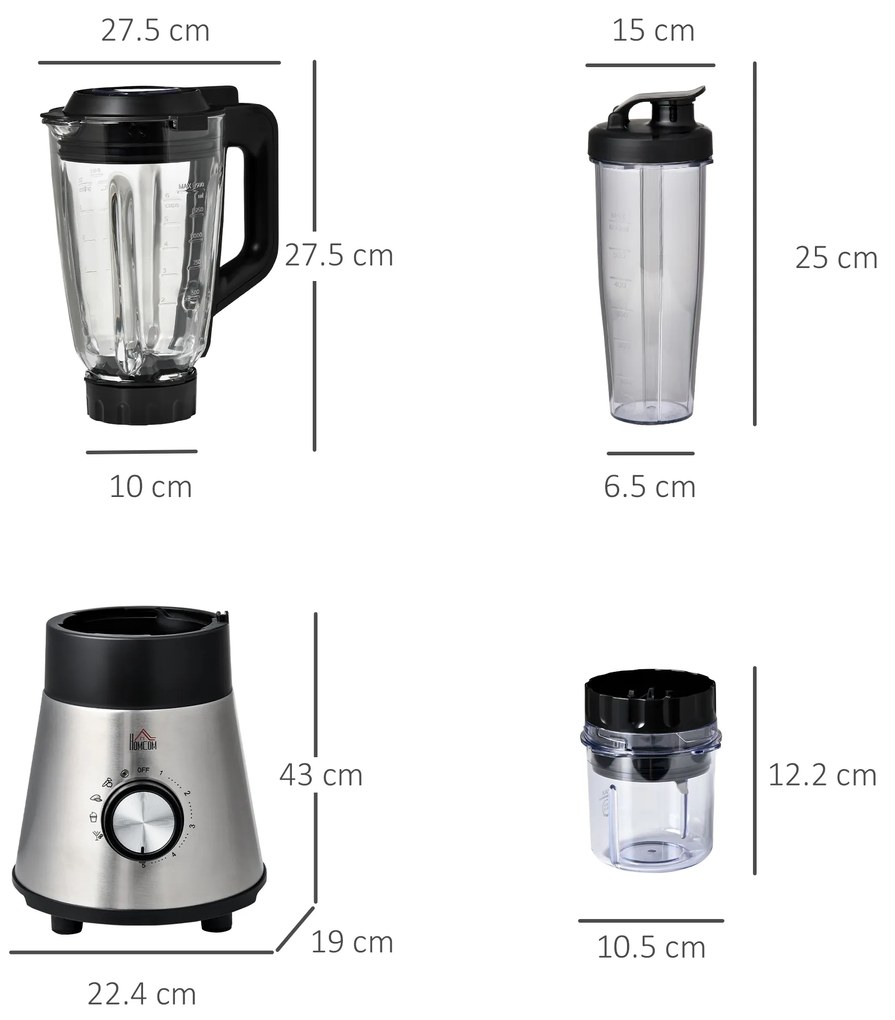 HOMCOM Blender Electric 1000W Multifunctional 4 in 1 cu 5 Viteze si 4 Programe, Smoothie Maker si Masina de Tocat cu Pahar de 1.5L