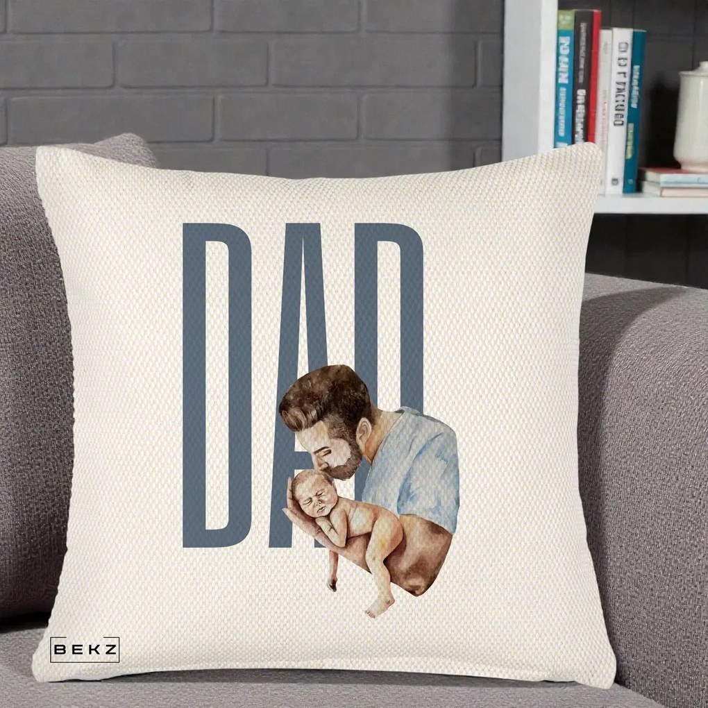 Cadou pentru Tata - Perna Personalizata DAD Tata si Nou-Nascut, 40x40 cm, Crem Reliefat, Husa Detasabila, Perna Inclusa, BEKZ®