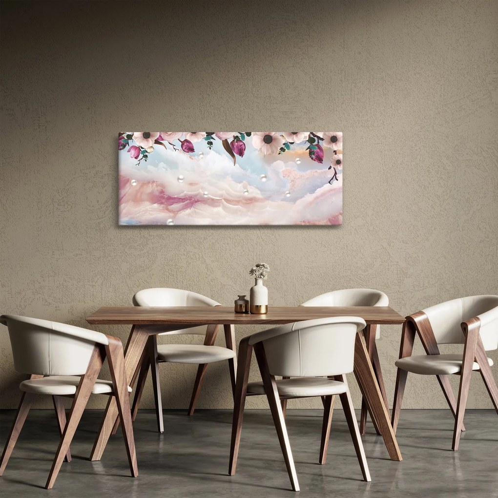 Tablou - Flori roz și marmură roz (120x50 cm)