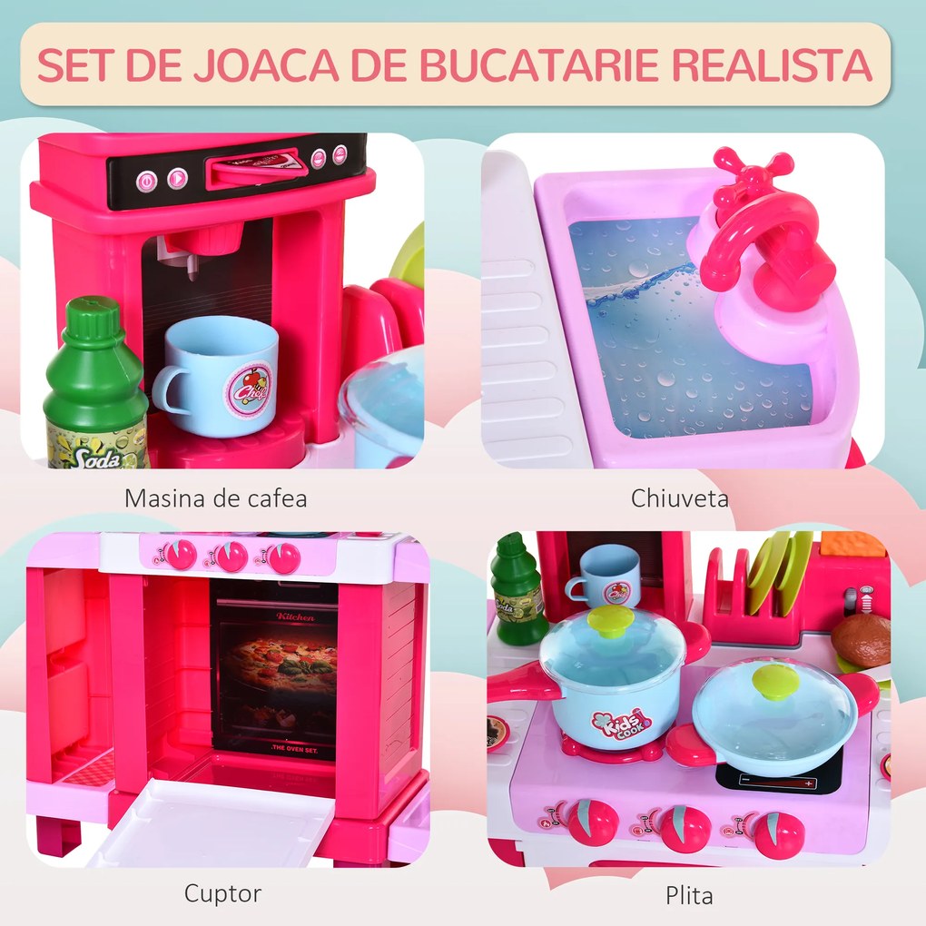 HOMCOM Bucatarie Jucarie pentru Copii cu 38 Accesorii Incluse , Jucarie cu Lumini si Sunete Realistice, 78x29x87cm,Roz | Aosom Romania