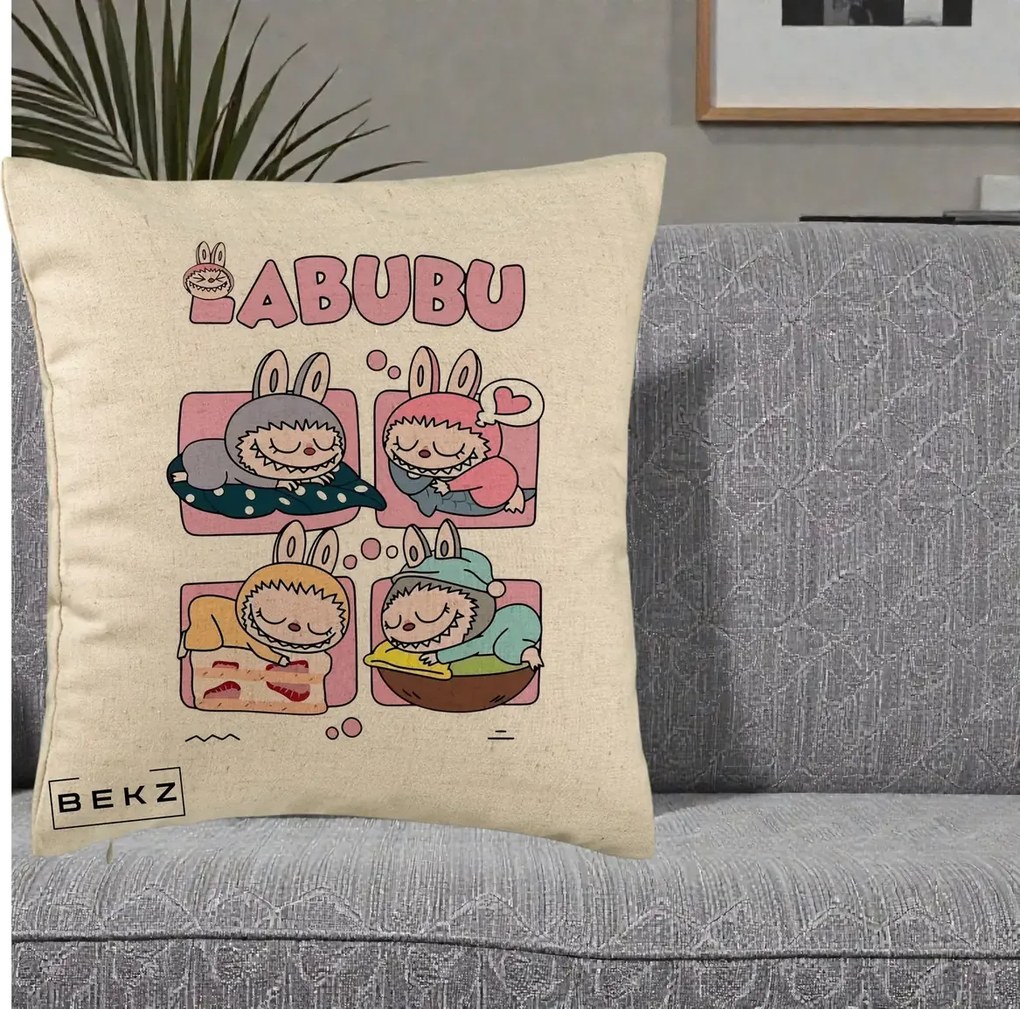 Perna Personalizata Labubu Sleeping Quad Grid, 40x40 cm, Bej, Husa Detasabila, Perna Inclusa, BEKZ®