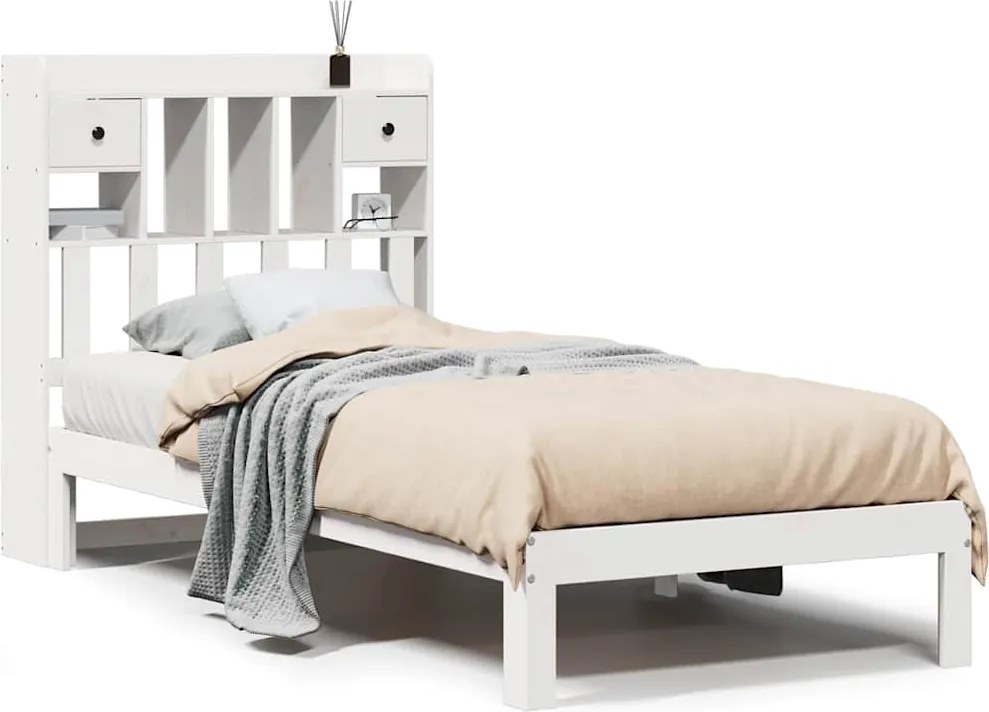 vidaXL Pat cu bibliotecă fără saltea, alb, 75x190 cm, lemn masiv pin