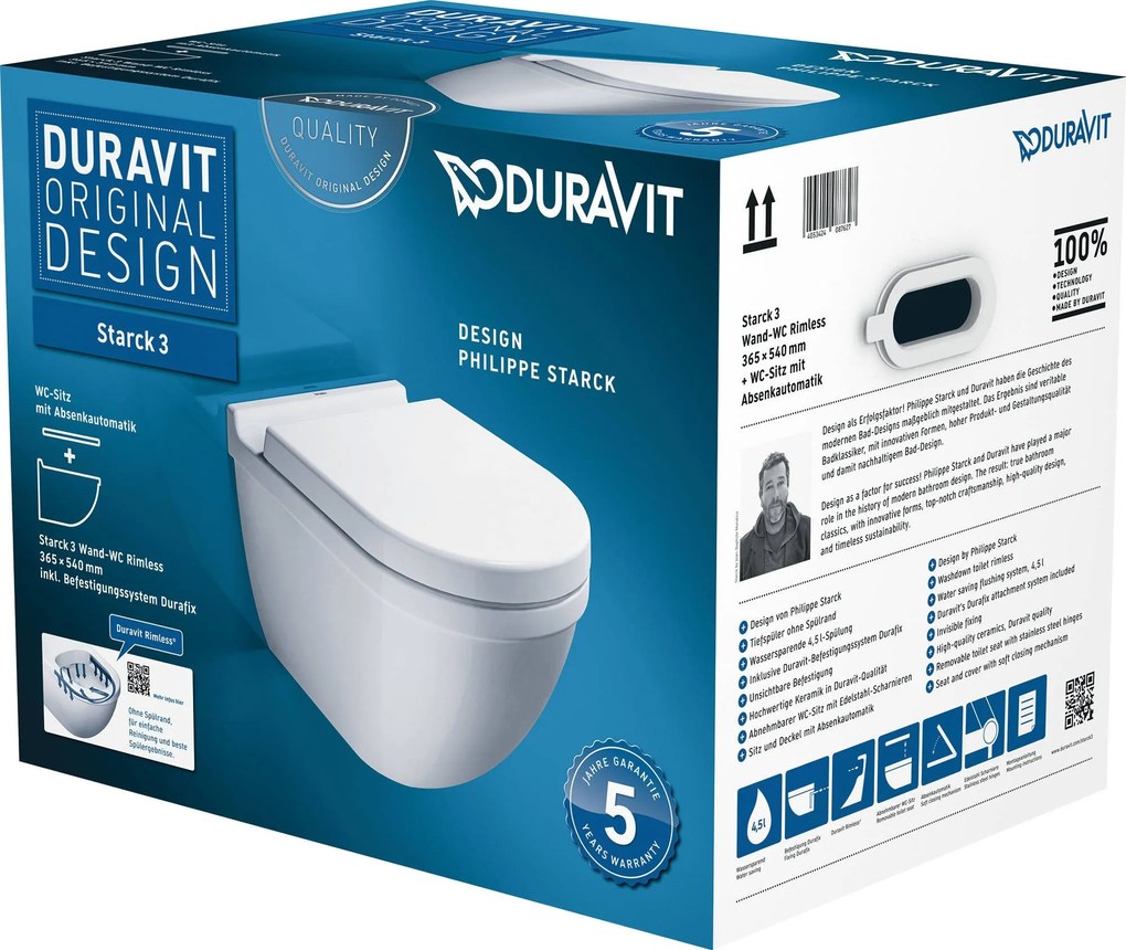 Set vas WC suspendat Duravit Starck 3 Rimless cu capac inchidere lenta