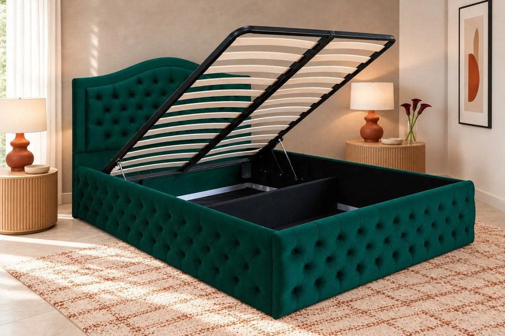 Pat tapițat Chesterfield din catifea Solaria Deluxe 160×200 cm, verde, cu ladă de depozitare