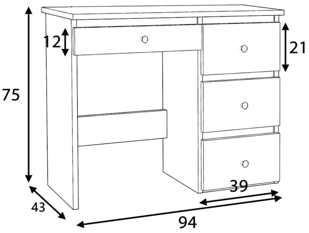 BIA518 - Birou 94 cm, masa de calculator cu 4 sertare, office - Alb cu manere tip Cristal