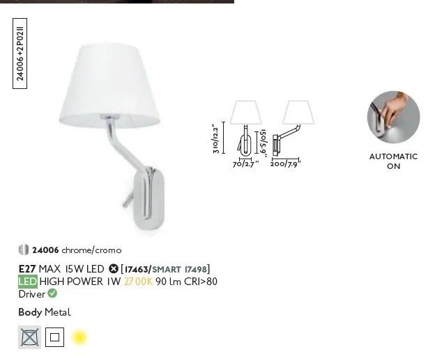 Aplica cu reader LED pe stanga design elegant ETERNA crom/alb
