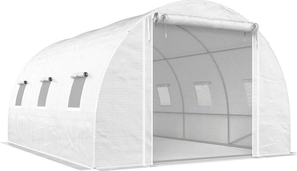 Outsunny Seră de Grădină Tip Tunel 4x3x2 m cu 2 Bare Detașabile, Uși Rulabile și Ferestre cu Plasă, Seră pentru Grădină de Legume și Flori, Structură din Oțel Zincat și Acoperire PE, Alb | Aosom Romania
