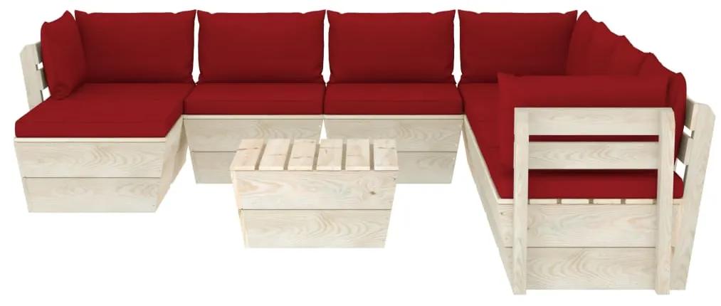 Set mobilier gradina din paleti cu perne, 9 piese, lemn molid Bordo, 3x colt + 4x mijloc + masa + suport pentru picioare, 1