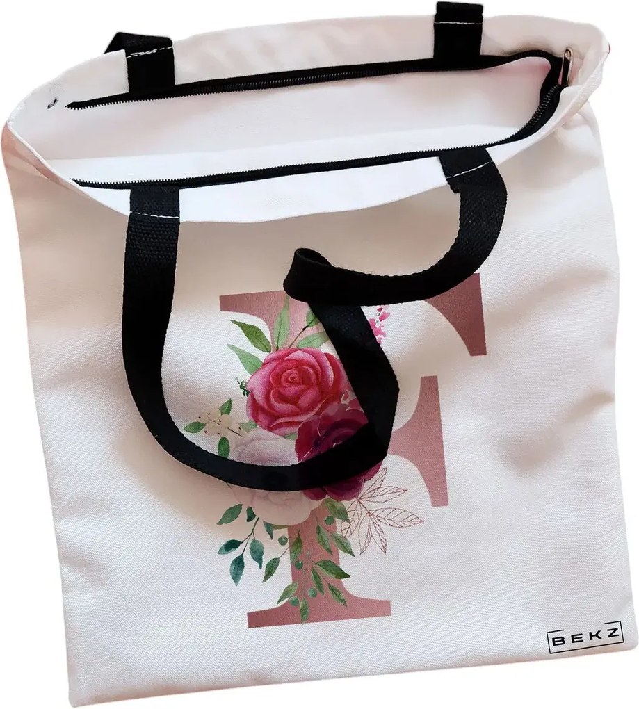 Sacosa de Panza pentru Cumparaturi, Geanta Tote, Cu litera F Rose Gold si Trandafiri, Cu fermoar, 38x34.5 cm, Alba, BEKZ®
