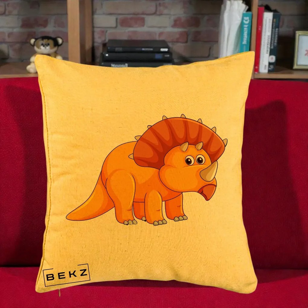 Perna Decorativa Triceratops Portocaliu, 40x40 cm, Galben, Husa Detasabila, Perna Inclusa, BEKZ®