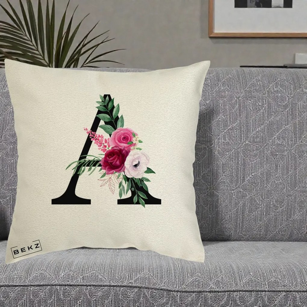 Cadou Personalizat - Perna Personalizata Monograma Florala Litera A, 40x40 cm, Ecru, Husa Detasabila, Perna Inclusa, BEKZ®
