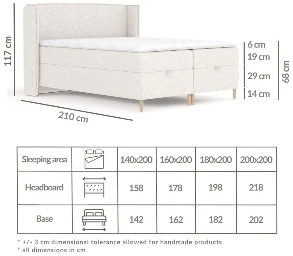 Pat boxspring gri deschis cu spațiu de depozitare 200x200 cm Monpelli – Maison de Rêve