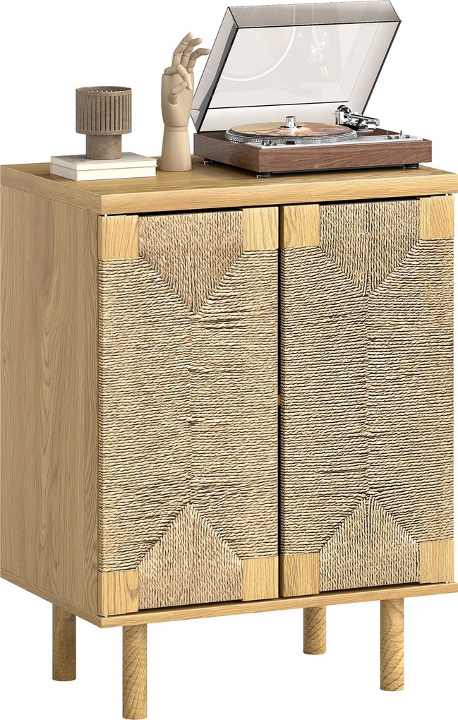 HOMCOM Bufet boem cu 2 uși cu sfoară împletită manual, raft reglabil, deschidere prin apăsare, stejar, 60x40x78 cm | Aosom Romania