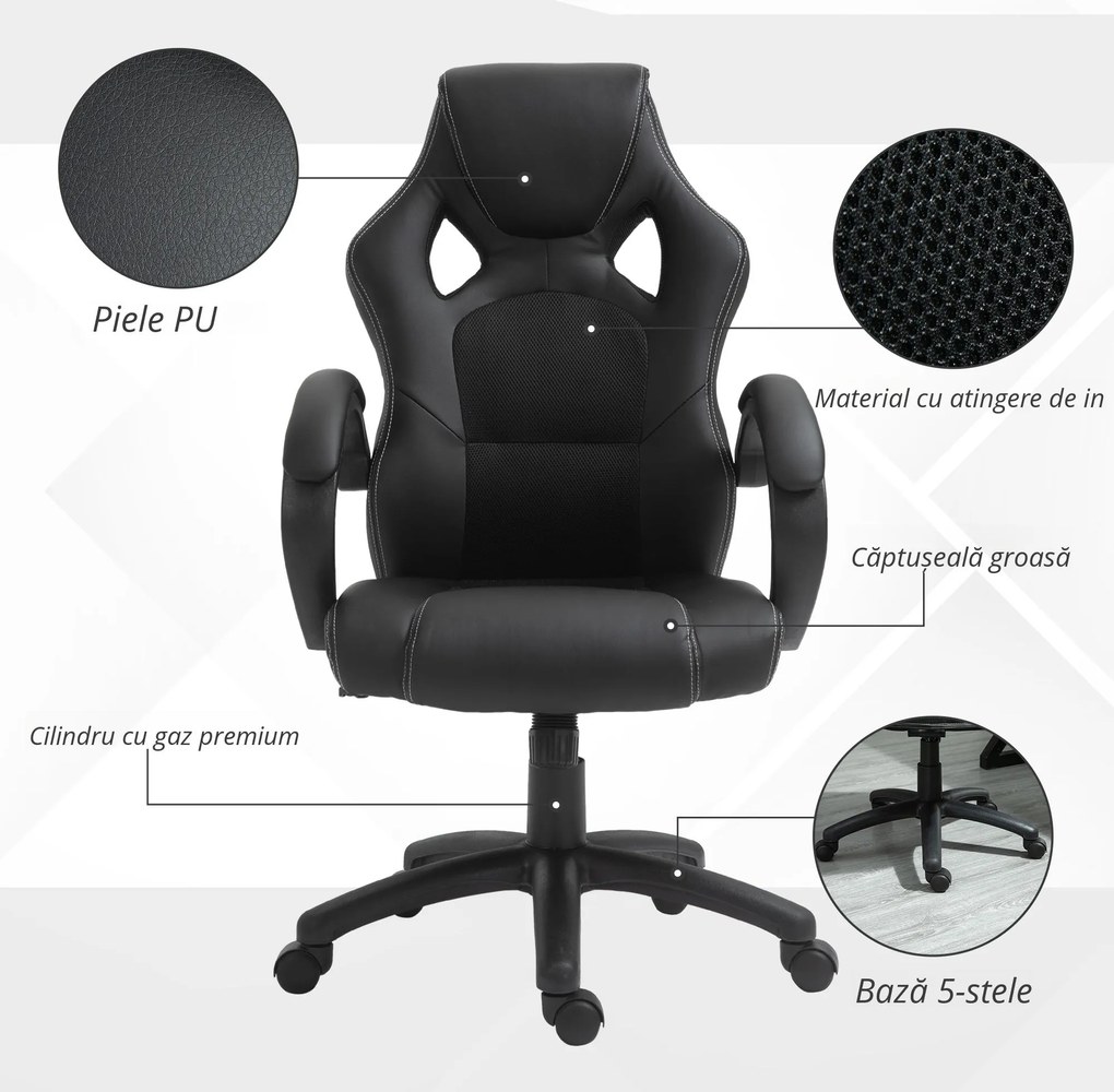 HOMCOM Scaun pentru birou, cu roti rotative la 360°, scaun gaming, inaltimea reglabila, Negru | Aosom Romania