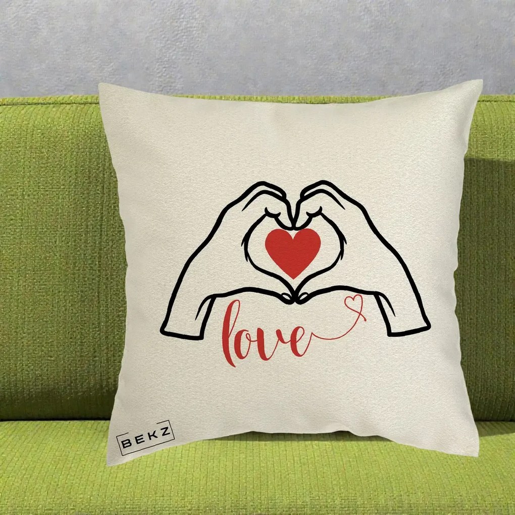 Perna Decorativa Love Maini Inima cu Inscriptie Love Rosu, 40x40 cm, Ecru, Husa Detasabila, Perna Inclusa, BEKZ®