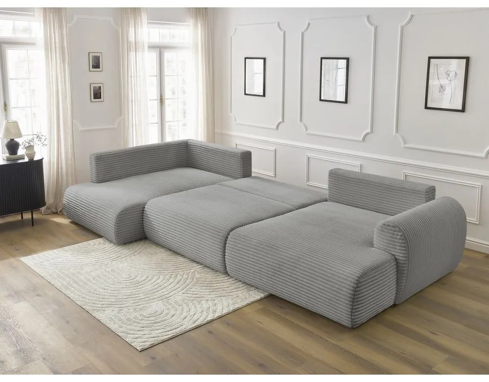 Colțar gri închis extensibil/cu spațiu de depozitare cu tapițerie din catifea reiată (cu colț pe partea stângă/în formă de "U") Lucien – Bobochic Paris