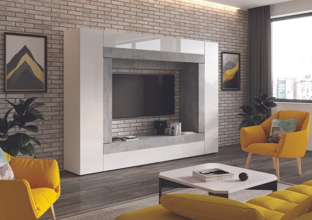 Mobilier living Warsa (Alb + Alb lucios + beton). 1069342