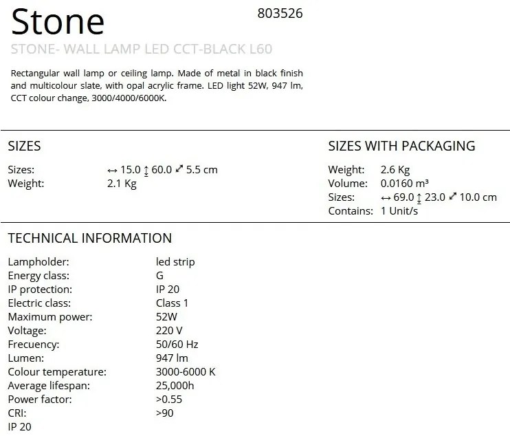 Aplica de perete sau tavan LED Stone 15x60cm