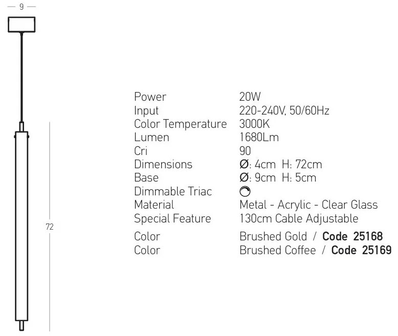Pendul LED Vertical, Cilindric 20W 3000K BRUSHED GOLD ZB-25168