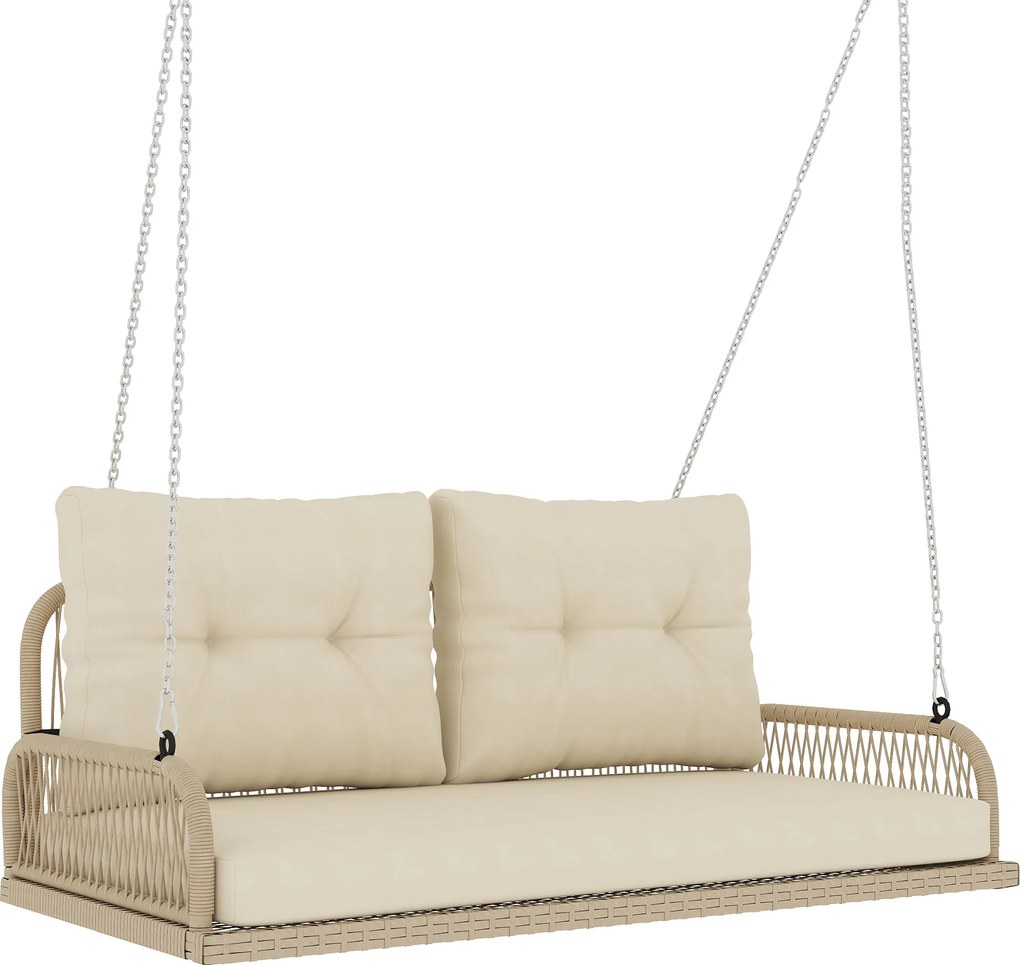 Outsunny Balansoar Hollywood 2 locuri din ratan, leagăn de grădină cu perne și lanțuri, până la 240 kg 115 x 66 x 44 cm Bej | Aosom Romania