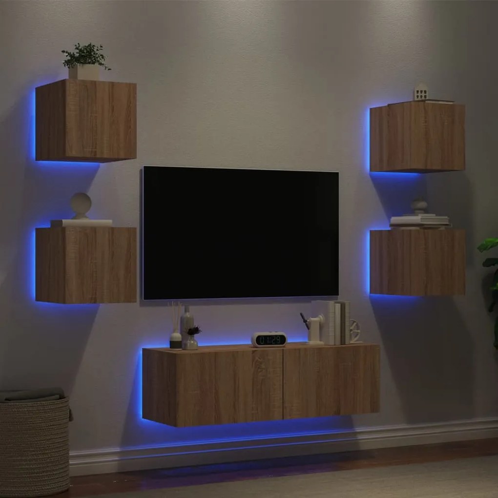 vidaXL Comode TV de perete cu lumini LED, 5 piese, stejar sonoma