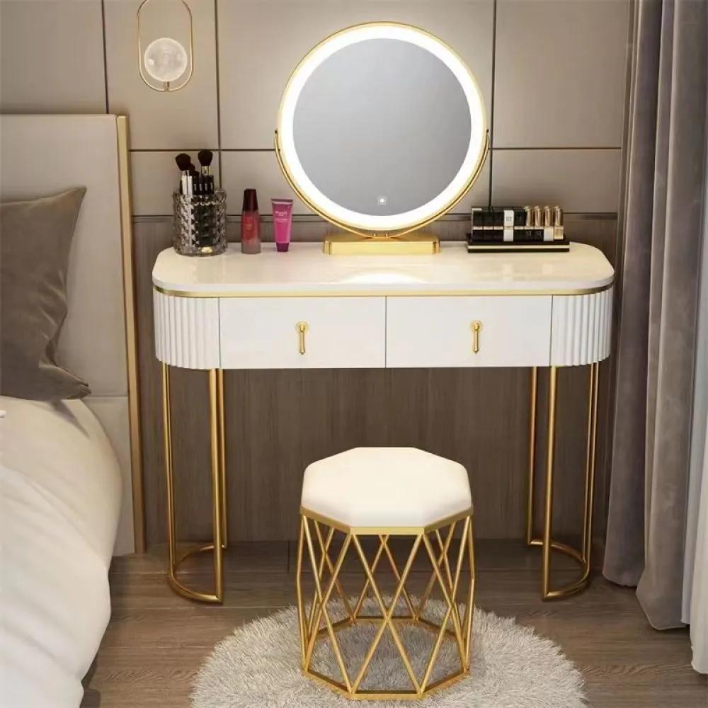 RESIGILAT Set Lisa, Masă de toaletă pentru machiaj cu oglindă iluminată LED, control touch, sertar, taburet tapitat, Alb, 100x40x75 cm