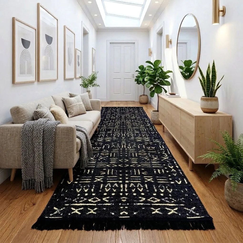 Traversa hol tesuta traditional, 80x300 cm, 2 fete, Model Tribal Etnic Negru-Bej