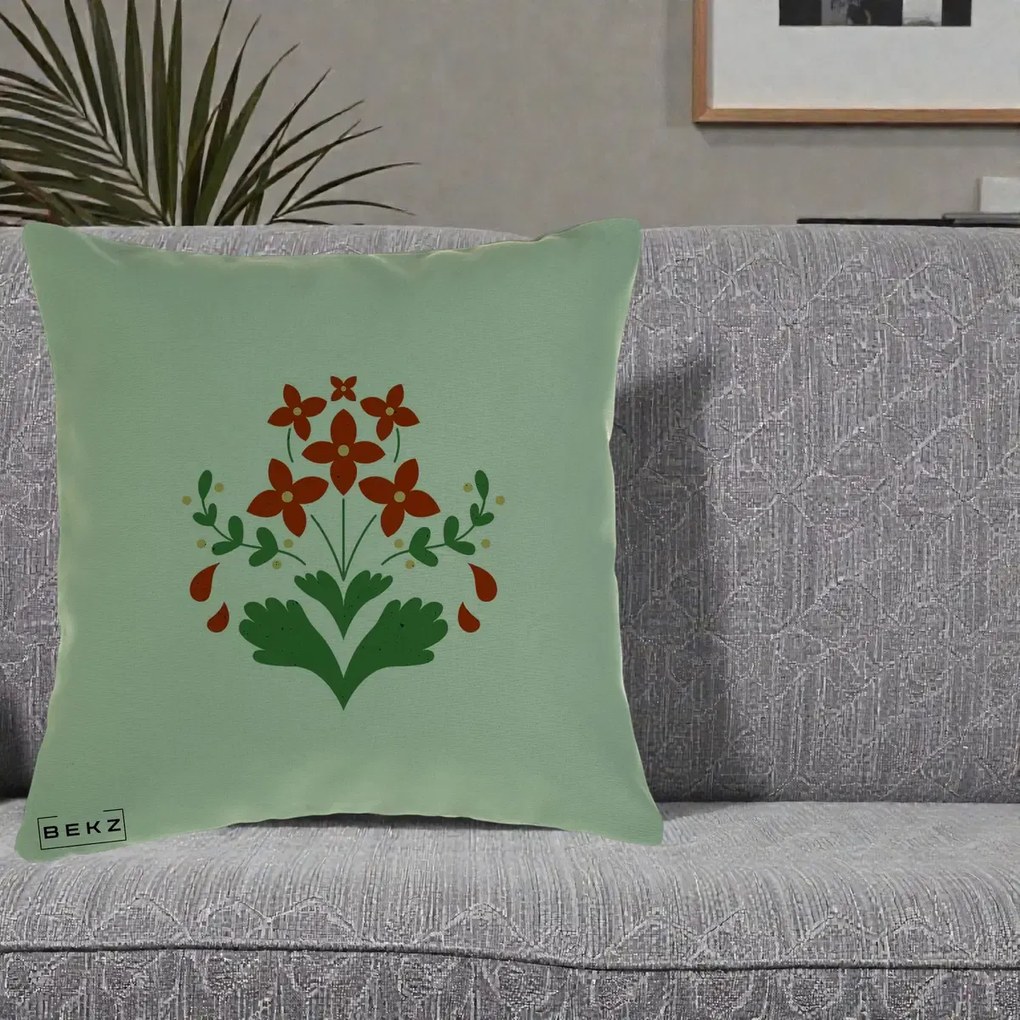 Perna Decorativa Buchet Floral Folk Rosu-Verde, 40x40 cm, Verde, Husa Detasabila, Perna Inclusa, BEKZ®