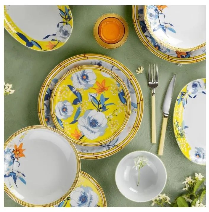 Set de veselă, 50 piese, porțelan, galben/albastru