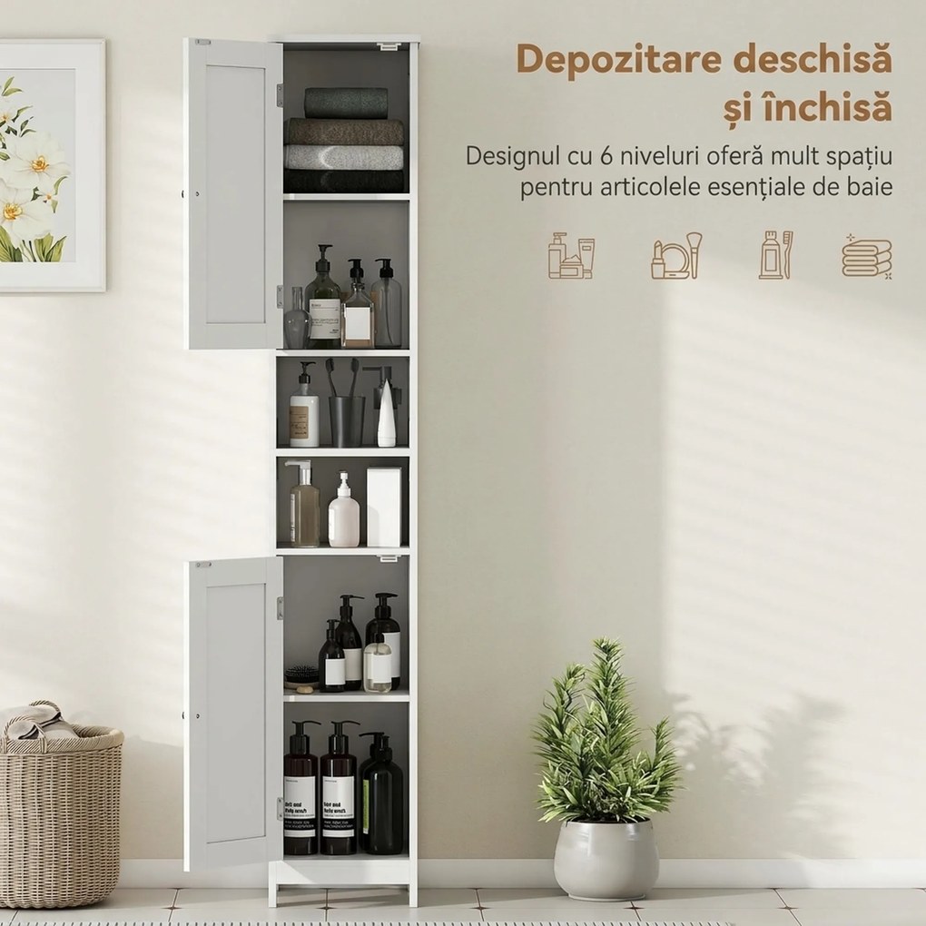 HOMCOM Dulap Înalt de Baie cu 2 Rafturi Deschise și 2 Dulapuri în Lemn Alb | Aosom Romania