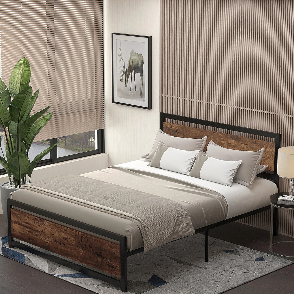 HOMCOM Cadru Pat Matrimonial din Lemn si Otel 160x200cm, Sipci Integrate si Tetiera in Stil Industrial, Negru Maro Rustic