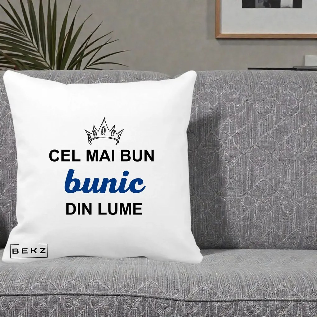 Cadou pentru Bunic - Perna Personalizata Cel Mai Bun Bunic Din Lume Coroana Albastra, 40x40 cm, Alba Mata, Husa Detasabila, Perna Inclusa, BEKZ®