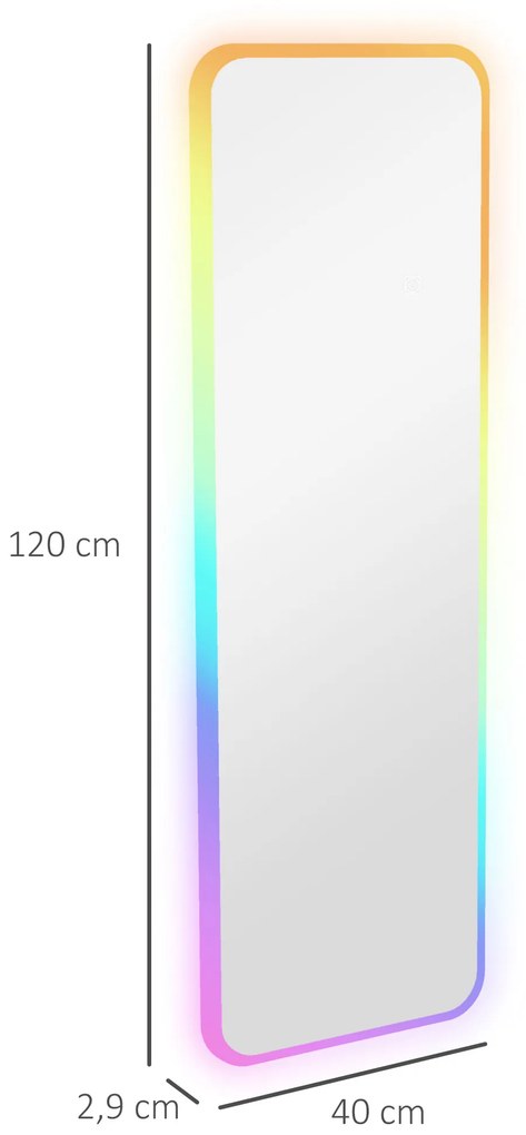 HOMCOM Oglindă de Corp Intreg cu Lumini LED 120x40 cm Oglindă de Perete cu Iluminare de 7 Culori RGB si Functie de Memorie | Aosom Romania