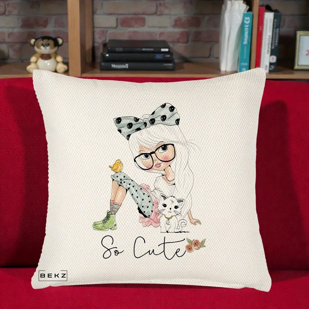 Perna Decorativa So Cute Fata Fashion, 40x40 cm, Crem Reliefat, Husa Detasabila, Perna Inclusa, BEKZ®