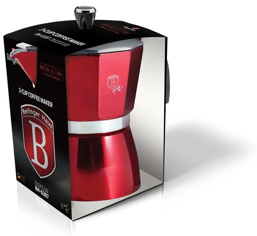 Espressor manual din aluminiu, 3 cesti, Metallic Line Burgundy