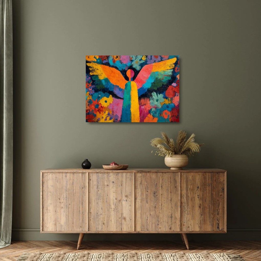 Tablou pe sticlă - Înger abstract cu flori (70x50 cm)
