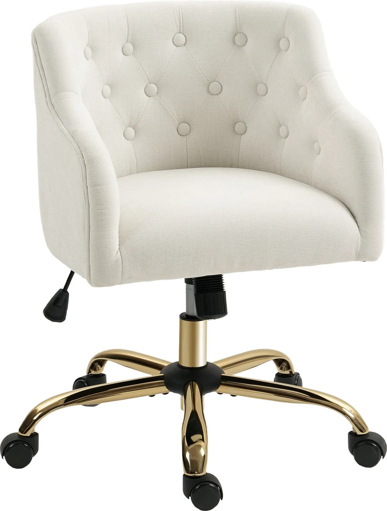 HOMCOM Scaun de birou tapițat, scaun pentru birou cu aspect de in, picioare aurii, reglabil pe înălțime, Bej | Aosom Romania