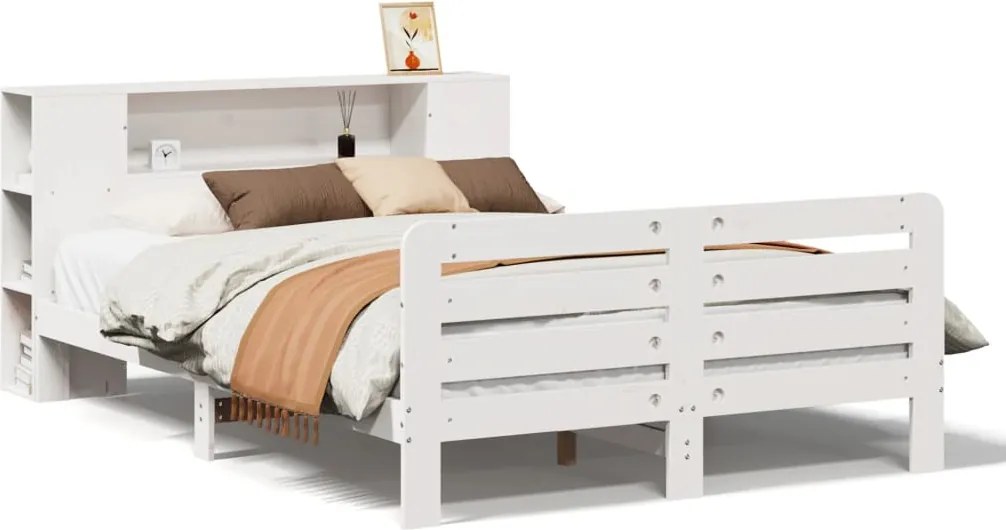 vidaXL Cadru de pat fără saltea, alb, 135x190 cm, lemn masiv de pin