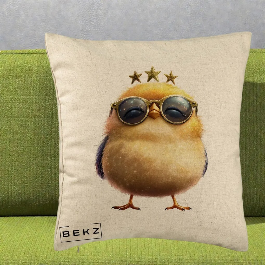 Perna Decorativa Pui Gold Star cu Ochelari Aurii, 40x40 cm, Bej, Husa Detasabila, Perna Inclusa, BEKZ®
