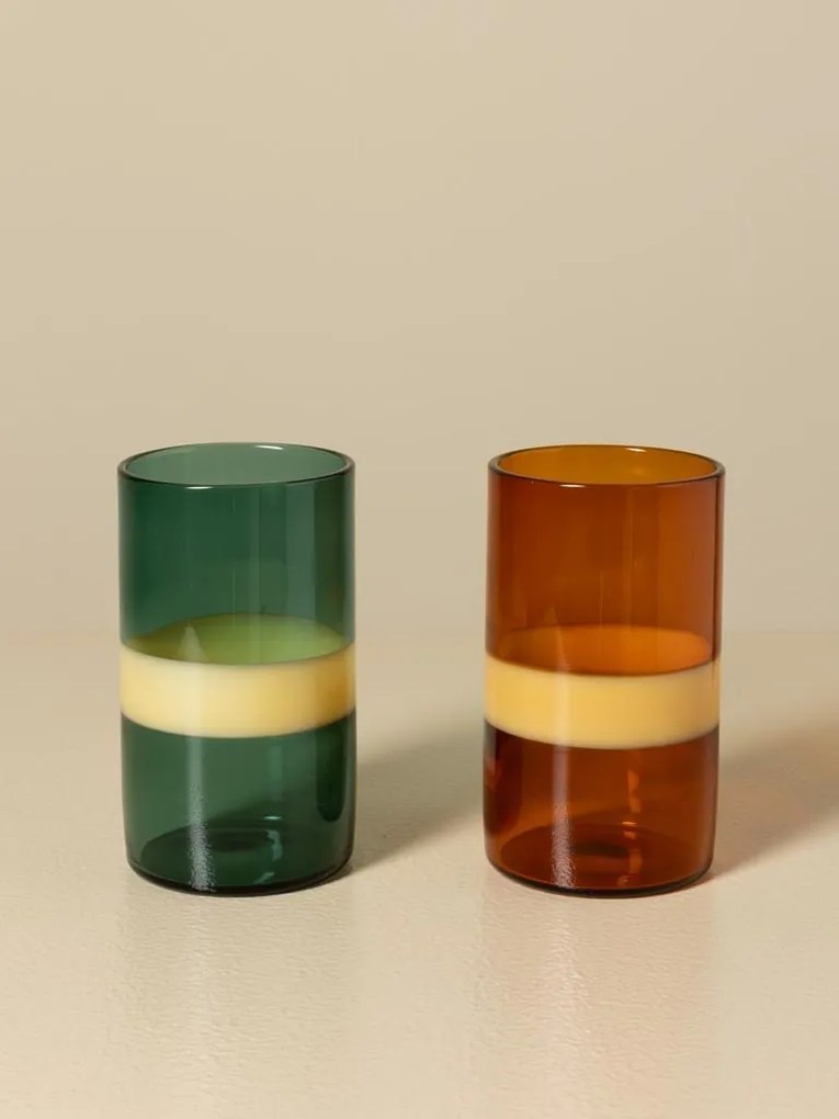 Set 4 pahare din sticlă borosilicată bicoloră, verde și portocaliu cu bordură galbenă, 11 × 6 cm, „Twiggy"