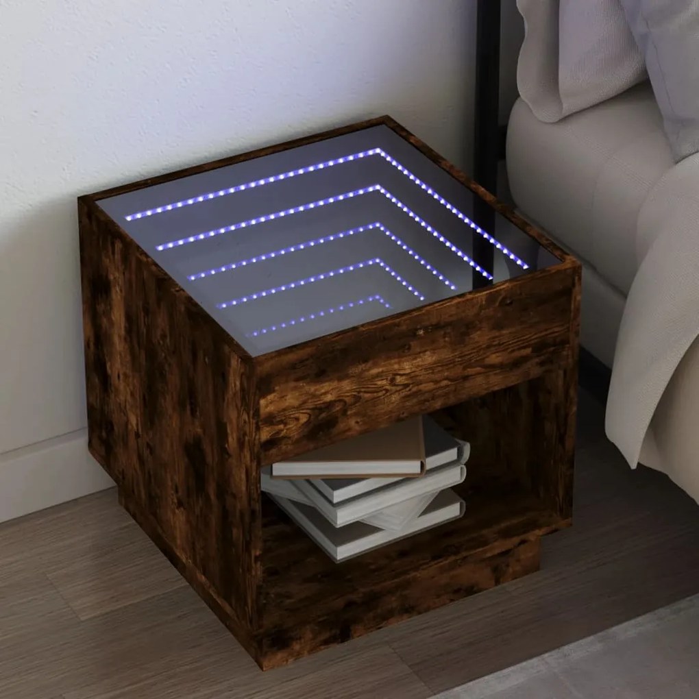 vidaXL Noptieră cu LED infinity, stejar fumuriu, 50x50x50 cm